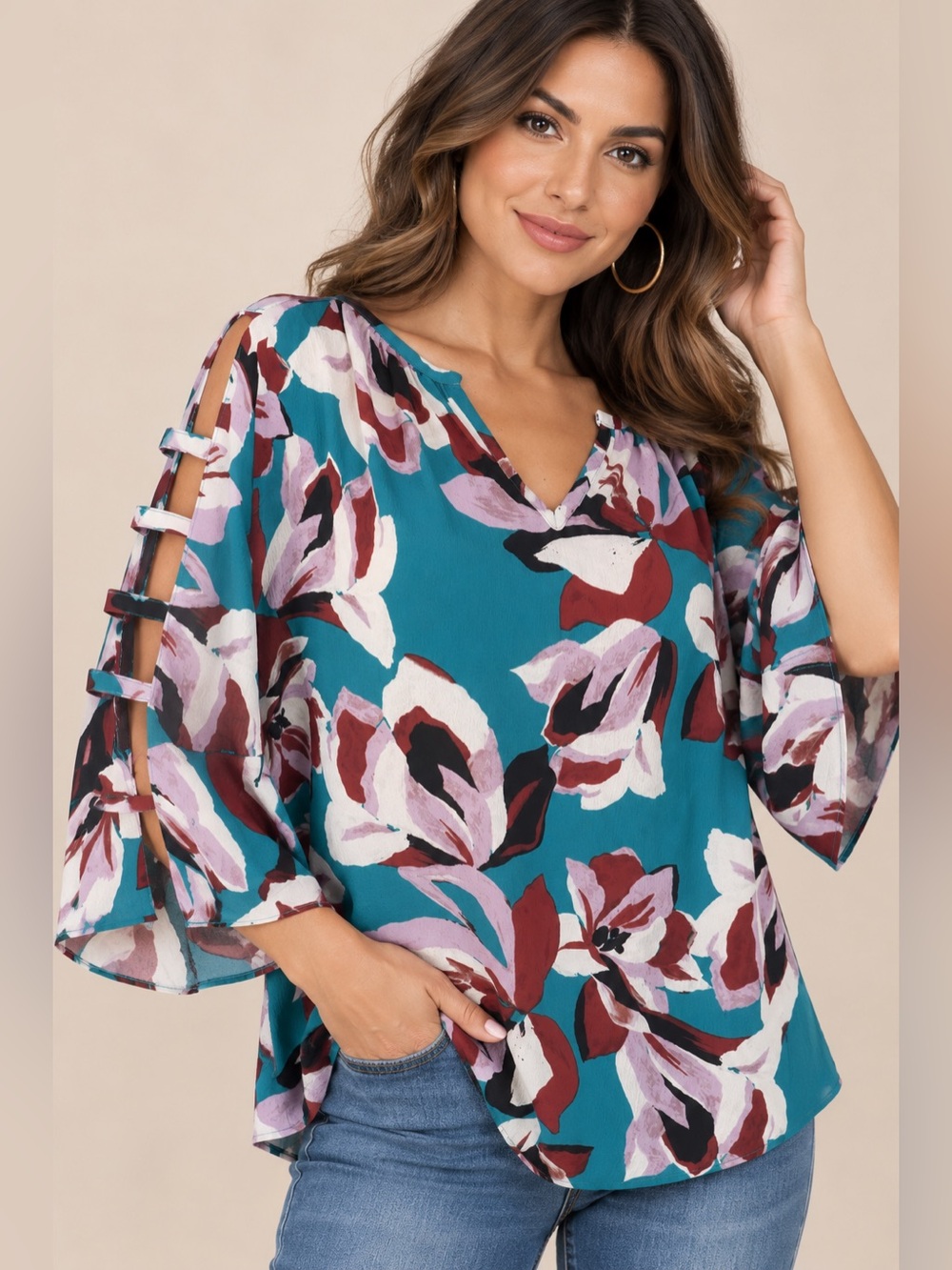 Teal Floral Split-Sleeve Blouse